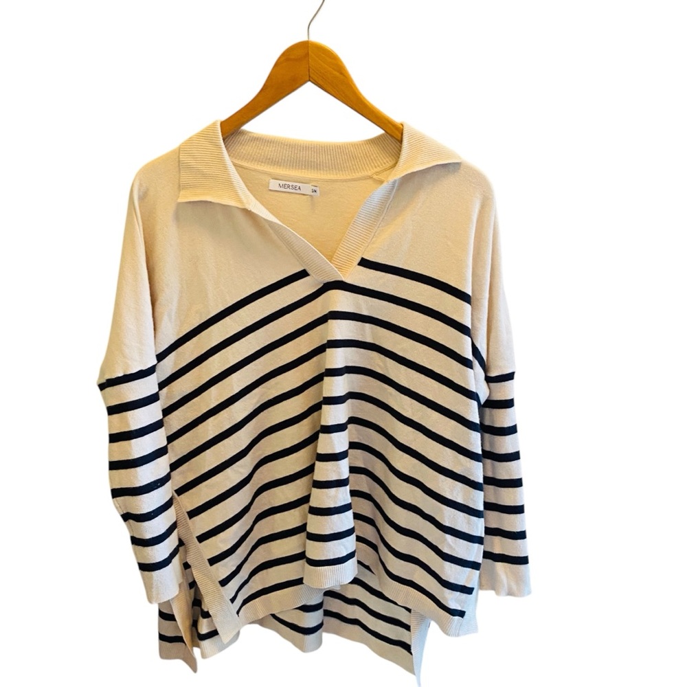 Mersea Striped V-Neck Sweater - Navy and White - Picture 3 of 8